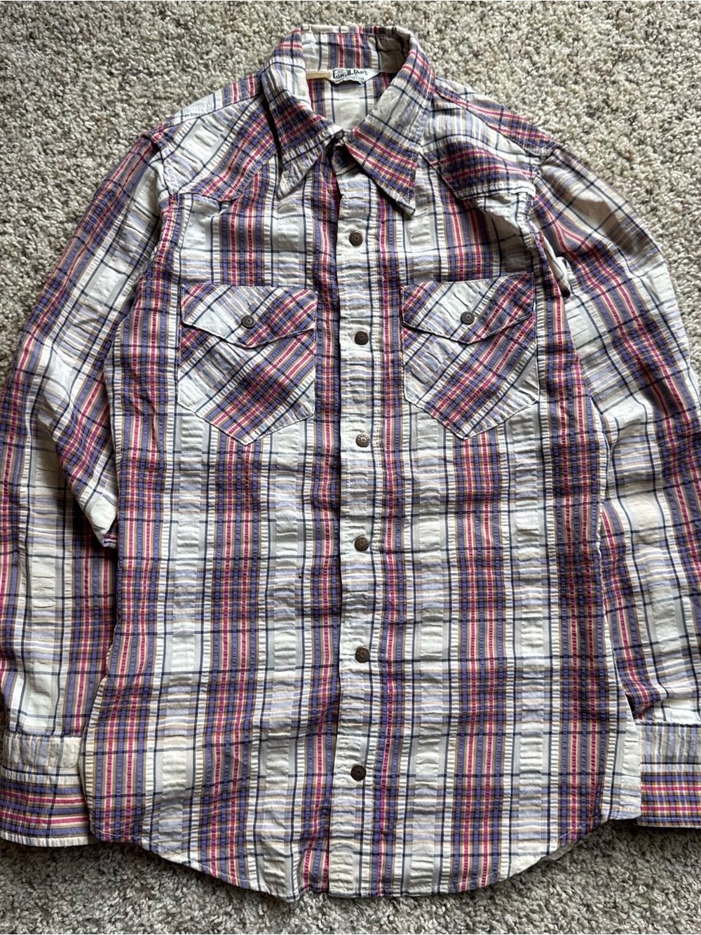 Vintage Landlubber Western Snap Button Shirt Mens Plaid Seersucker Textured USA